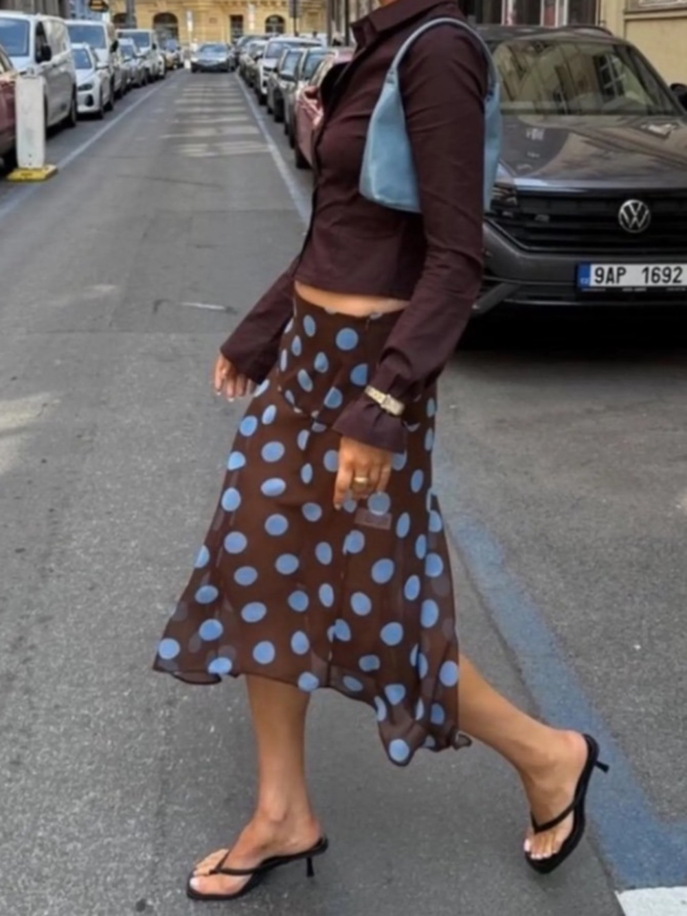 ZARA BROWN WITH BLUE POLKA DOT SEMI-SHEER ASYMMETRIC SKIRT CS  NWT